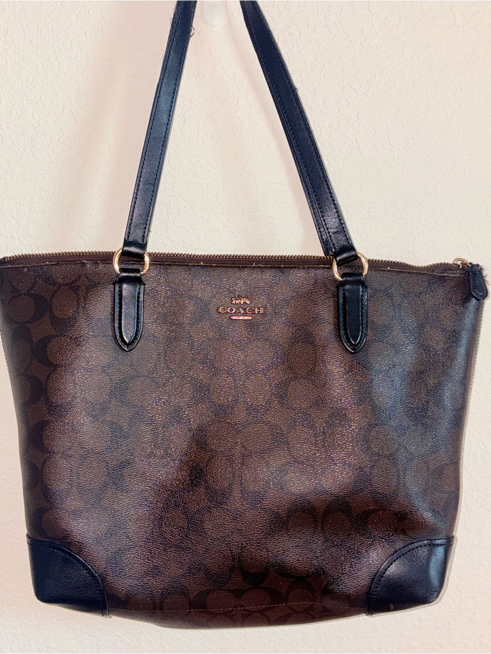 Coach Signature City Zip Tote Brown Black Monogram Bag F29208